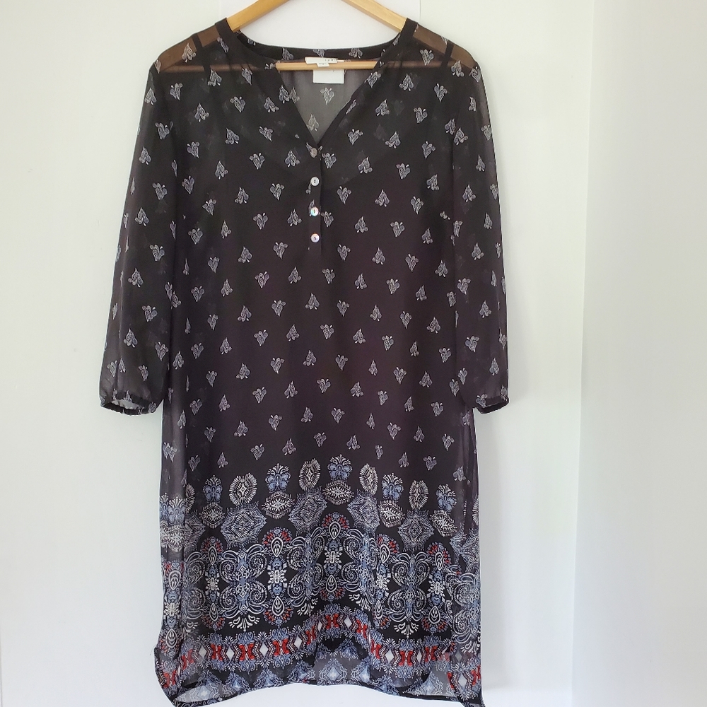 J. Jill Black Multi Paisley Print Sheer Dress Sz M Slip Lining Lightweight EUC